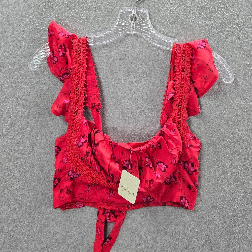 Free People Women Top 2 Red Blouse Floral Cherry Bijou Ruffles Smocked Crop NWT